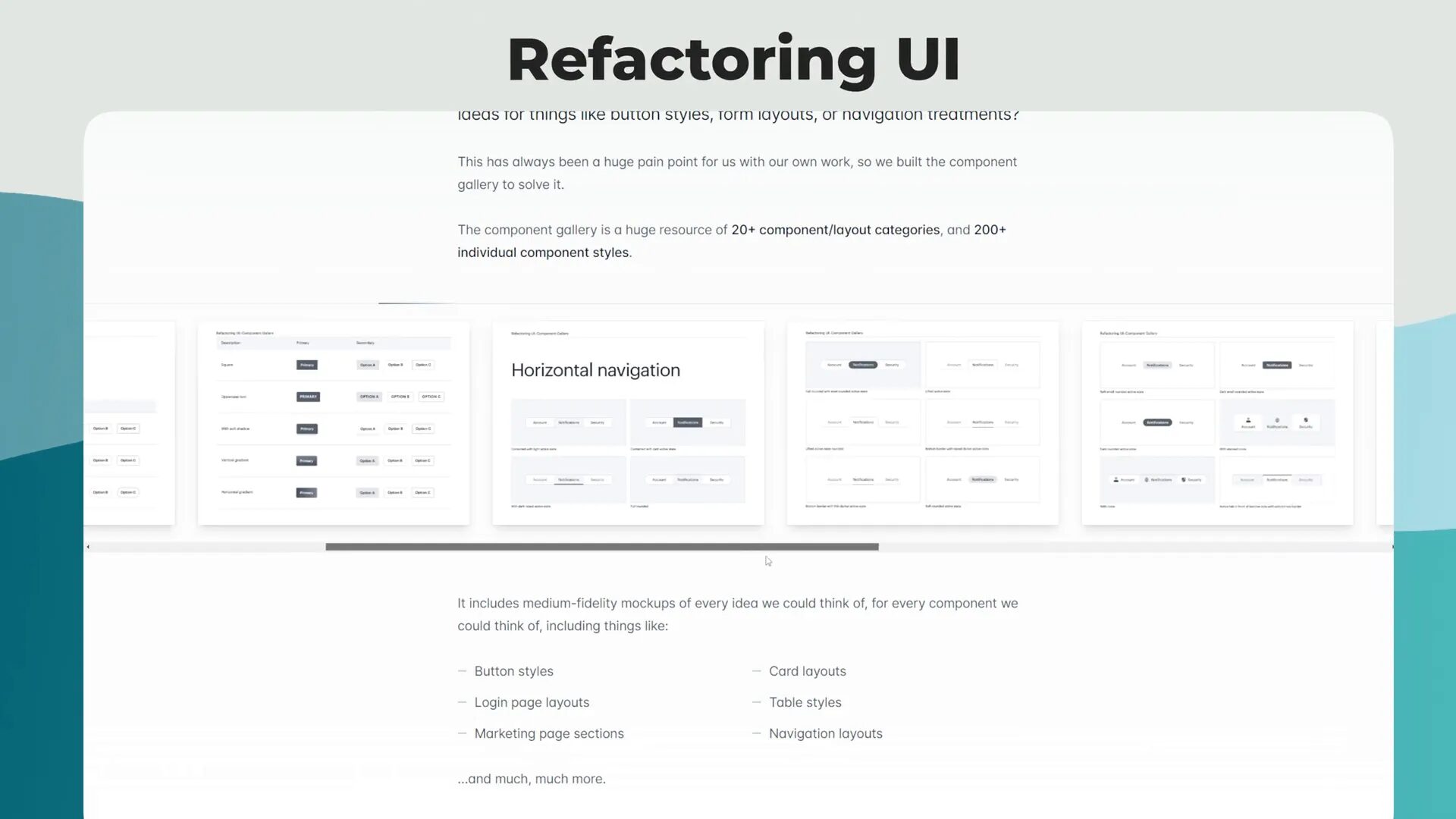 A presentation slide titled "Refactoring UI" showcasing ideas and mockups for enhancing user interfaces, including various component styles and navigation layouts, with text and images for illustration.