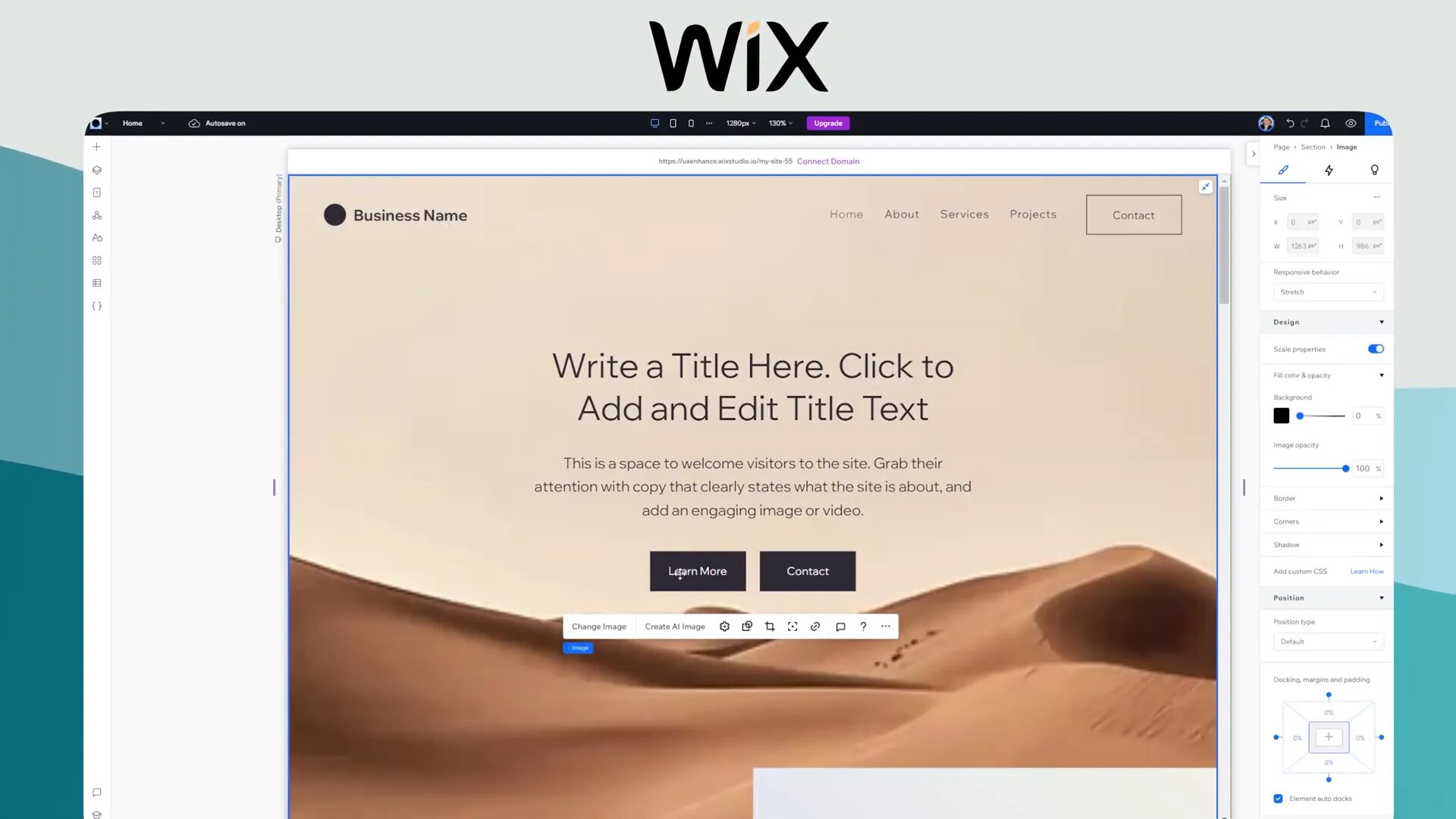 Screenshot of a Wix website editing interface displaying a desert-themed homepage with text inviting visitors to add and edit title text. Options for “Login Items” and “Contact” are visible on the page.