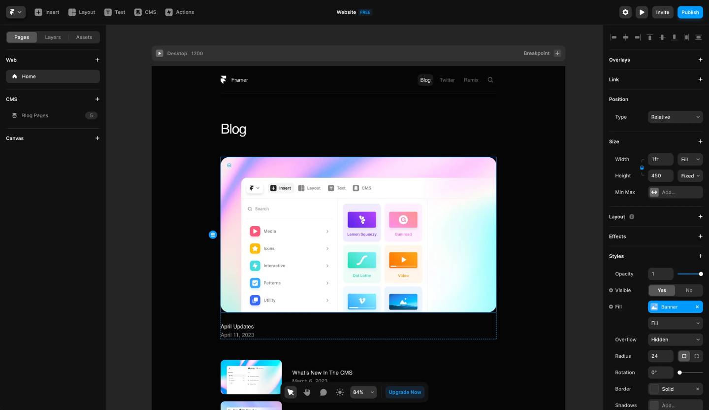 A web design interface in dark mode displays a blog page with a central preview screen showing a colorful menu layout. Various editing tools and options are visible on the right side of the screen.