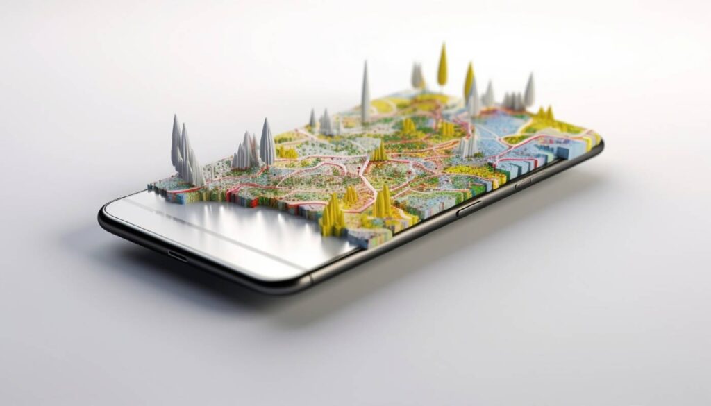 A smartphone with a 3D representation of a detailed, colorful cityscape emerging from the screen.