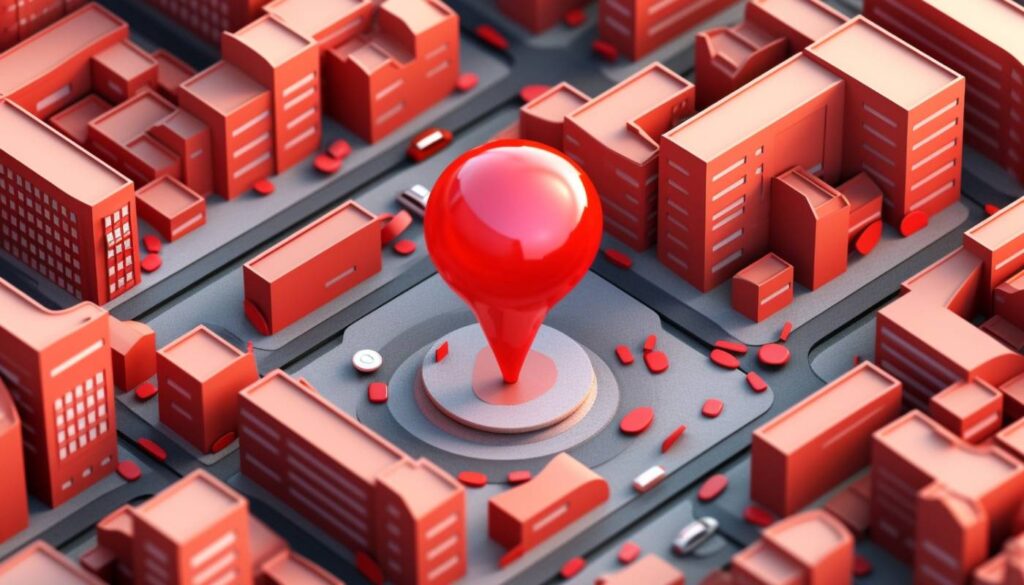 A 3D rendering of a cityscape with red buildings and roads, featuring a large red map pin marker in the center.