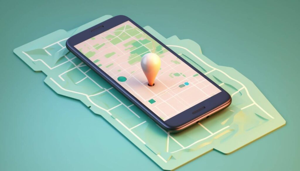 A smartphone displaying a map with a location pin is placed on a physical map cutout, symbolizing digital navigation and GPS functionality.