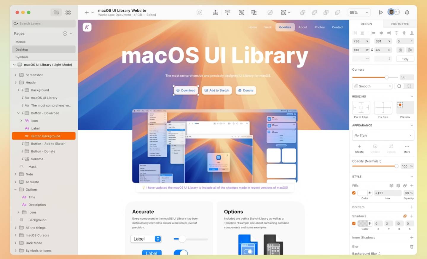 Screenshot of a macOS UI Library website displaying various interface elements with options for download and Sketch integration, accompanied by a design tool panel on the right.