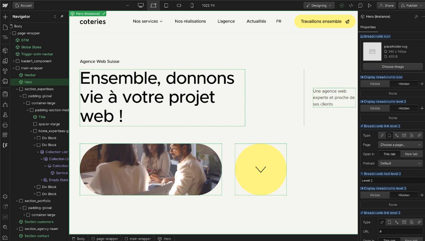 A webpage design interface showing a web project for "Agence Web Suisse" with a slogan "Ensemble, donnons vie à votre projet web!", an image of people working, and a yellow circle with a down arrow.